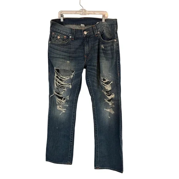 True Religion Mens Straight Flap Jeans Orange Stitching Distressed Size 36