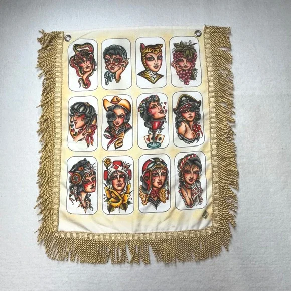 Tattoo Flash Art Wall Hanging Pin Up Girl Gold Fringe small spot.