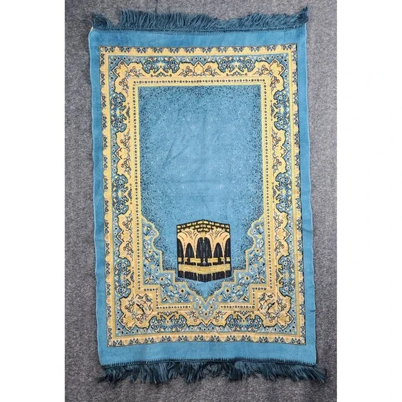 Riyadh Velvet Prayer Rug Musallah 41x27 Blue Gold Kaaba Motif Saudi Arabia