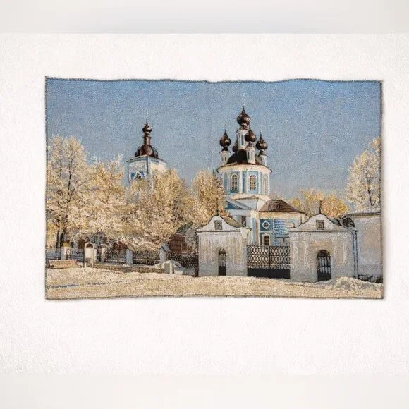 Woven Tapestry Wall Hanging Winter Church Scene 19.7 x 29.5