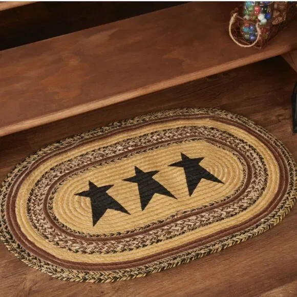 Primitive Star Jute Braided Oval Rug Country Farmhouse Floor Mat Cottage