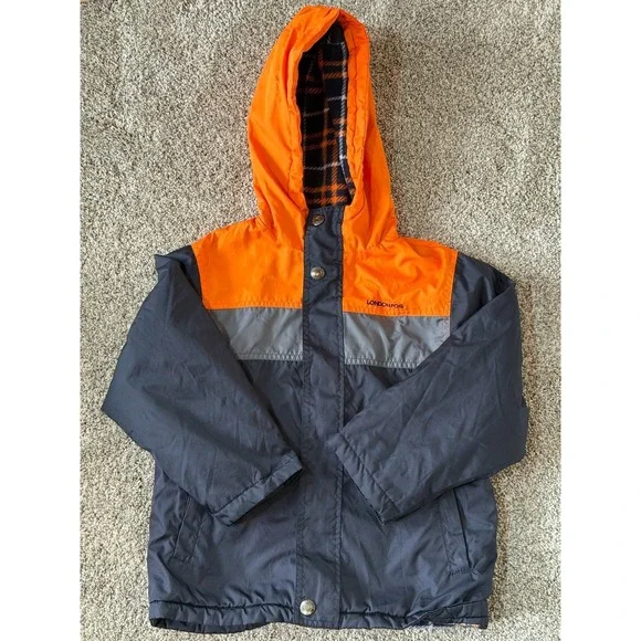 Boys London Fog Fleece Lined Jacket Hooded Size 7 Lightweight Blue Orange EUC