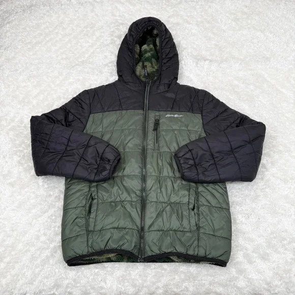 Eddie Bauer Boy's L Large 14-16 Camo Reversible Zip Quilted Hooded Jacket Zip