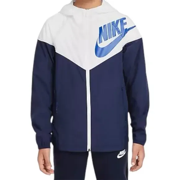 Nike Big Kids Boys Windrunner Jacket Navy White Blue Logo Hooded Full Zip Sz M