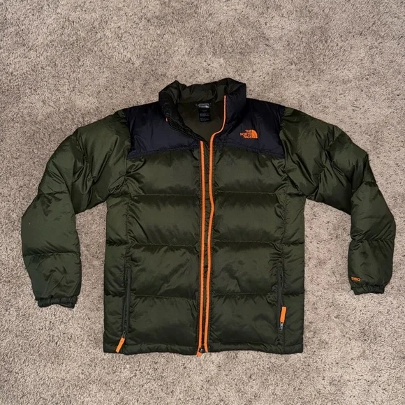 The North Face Olive and Black Puffer Jacket with Orange Accents​