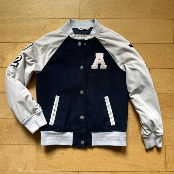 Abercrombie Kids Snap Front‎ Letterman Varsity Jacket Navy Blue Pink sz 11/12