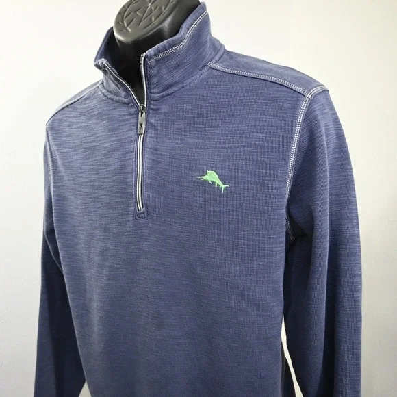 Tommy Bahama Marlin 1/4 Zip Jacket Blue Pima Long Sleeve‎ Mens Size Medium