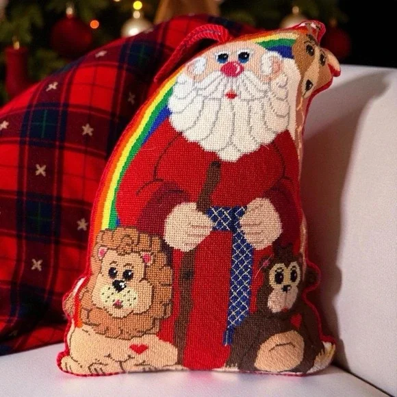 VTG Santa Christmas‎ Pillow Handmade Cross-Stitch Embroidered Holiday Rainbow