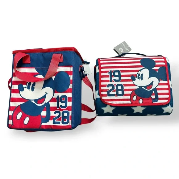 Disney Store Mickey Mouse‎ Americana 70x80 Patriotic Fleece Blanket & Lunch Box