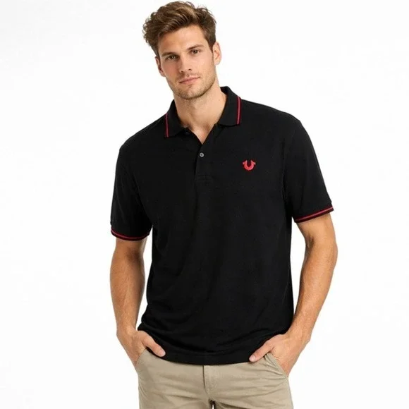 True Religion Men Black Red Logo Short Sleeve Polo Shirt Size XL