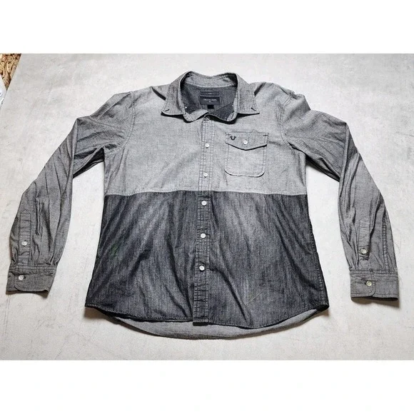 True Religion Western Shirt Mens M Gray Black Slim Fit Color Block‎ Button Up
