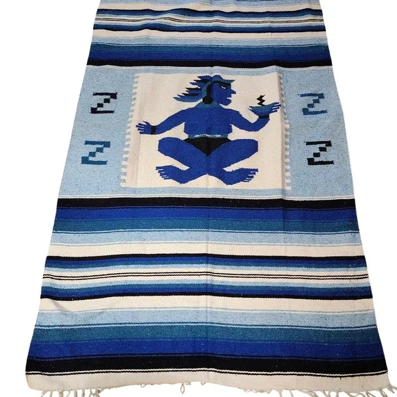 Vtg Hand Woven Mexican Aztec‎ wool blanket throw tapestry with fringe 82×48