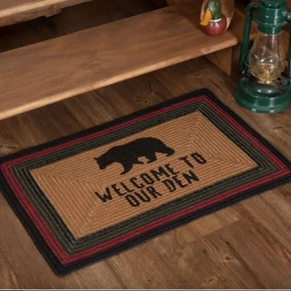 Black Bear Jute Braided Throw Rug 20x30 inch Country Cabin Lodge Stenciled