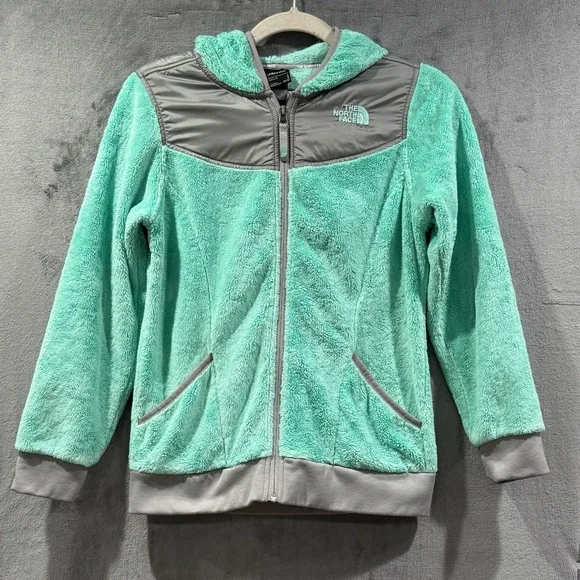 The North Face Girls Size L Soft Fuzzy Bermuda Green Fleece Hooded Jacket