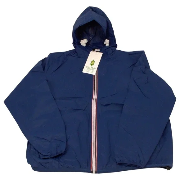 Peekaboo Beans Rain Jacket Size L Blue Unisex Hooded Windbreaker Full Zip Nylon