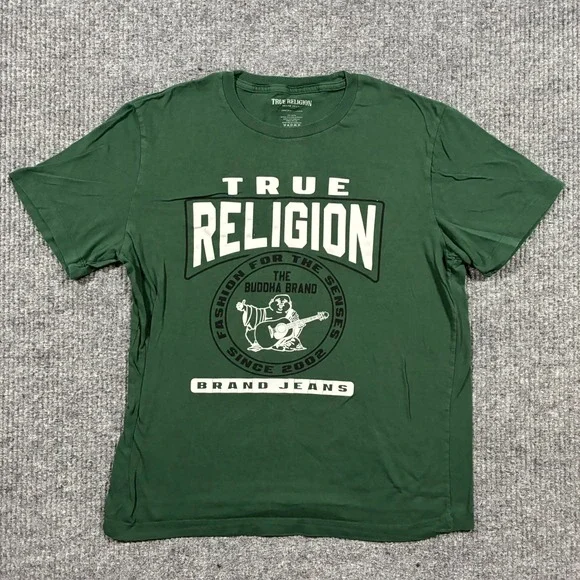 True Religion Buddha Logo Graphic T-Shirt Mens Size Large Green Short Sleeve