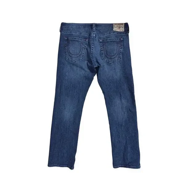 True Religion Ricky Relaxed Straight Blue Jeans Red Stitch Sz 40x33