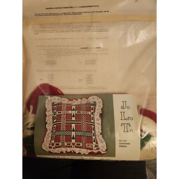 Vtg Needlepoint Kit J.L.T. #A32 Christmas Ribbon Pillow Un-open Kit 12 X 12