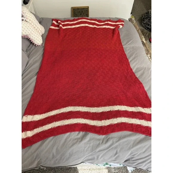 Handmade Vintage Crochet Blanket Red And White Afghan Throw‎ 43