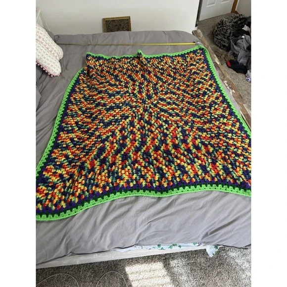 Handmade Vintage Crochet Blanket Abstract Rainbow Afghan Throw 53