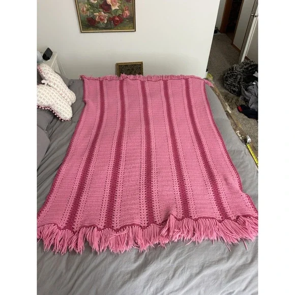 Handmade Vintage Crochet Blanket‎ Light And Dark Pink Afghan Throw 42