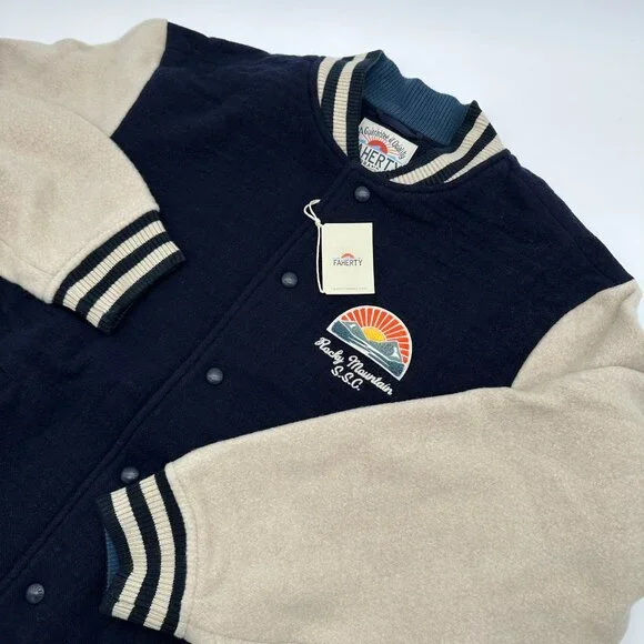 Faherty‎ Men's Wool-Blend Embroidered Throwback Varsity Jacket, Size XL, Navy