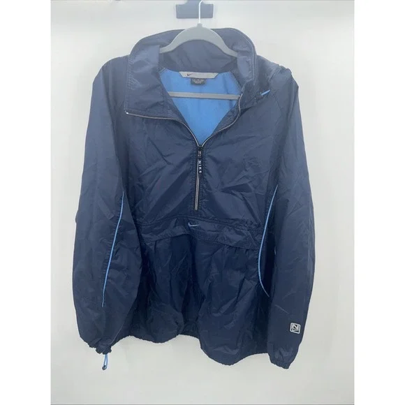 Vintage Nike XL Blue Nylon Windbreaker Anorak Jacket Center‎ Pouch Rare Swoosh