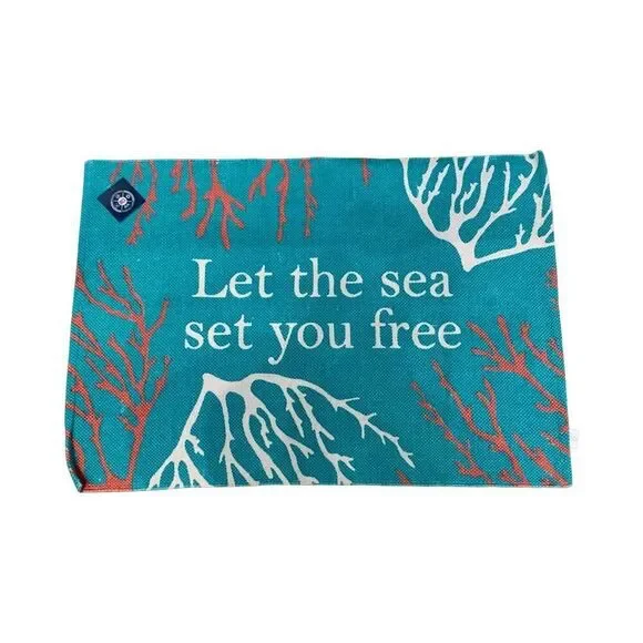 Let the Sea Set You Free Dhurrie Heavyweight Cotton Mat, Teal Coral 36x24, New