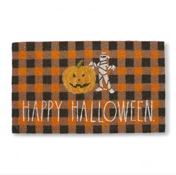 Rae Dunn Halloween Checkered Coir Doormat Orange and Black‎ Mummy Pumpkin