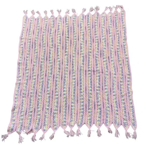Vintage Afghan Throw Blanket Crochet Handmade Striped Baby Pink Pastels 55x49