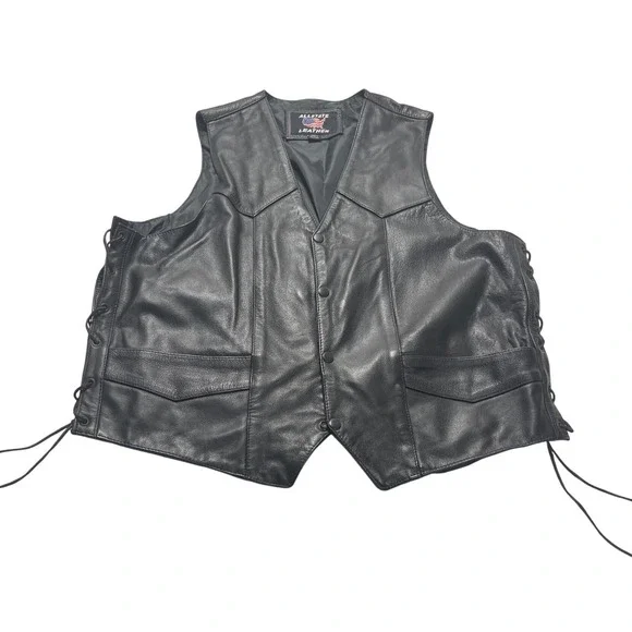 Allstate Leather Mens XL Black‎ Leather Biker Vest Side Lace Snap Front Western