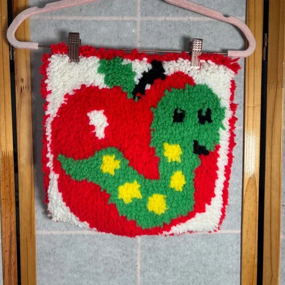 Vintage Latch Hook Wall Hanging Apple Worm‎ Green Red Yellow Kids Decor Pillow
