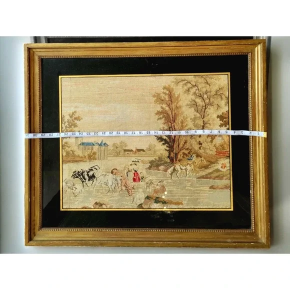Big Antique Needlepoint Pastoral Scene Framed Picture Cows Horses Maidens Castle