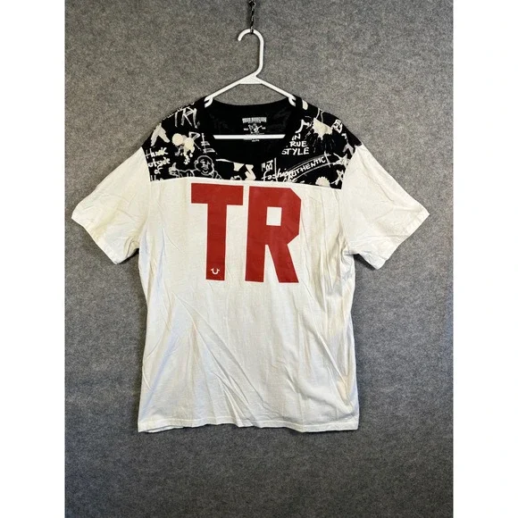 True Religion Mens XXL Graphic T-Shirt White Red TR Logo Graffiti Print 29200-00