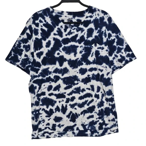 True Religion Mens Blue White Tie Dye V-Neck T-Shirt Horseshoe Logo Large 1515
