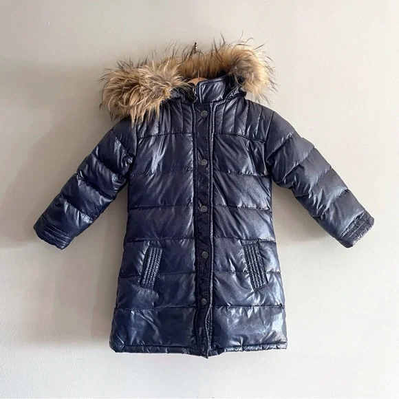 Appaman Girls Metallic Navy Blue with Faux Fur Hood Puffer Coat, Girls Size 3T