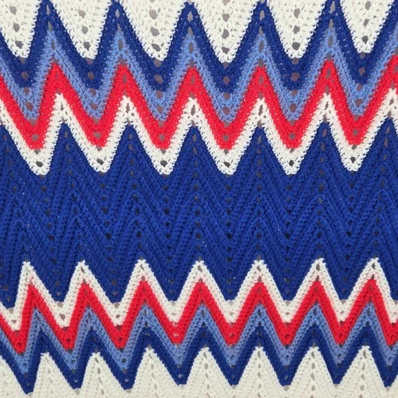 Vintage Handmade Crochet Afghan Blanket With Fringe – Red/White/Blue 72