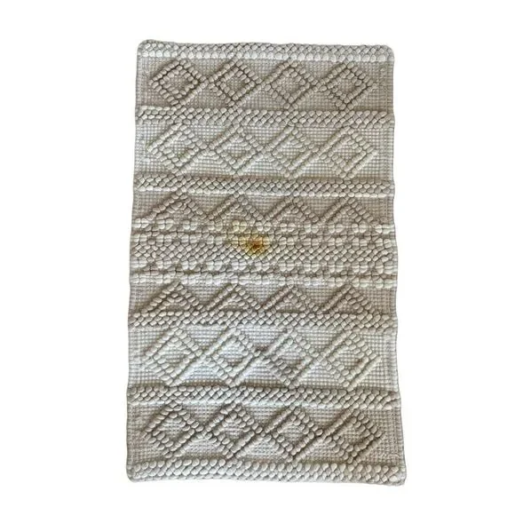 Boho cream textured entry way rug pin pom diamond tight woven geometric mat