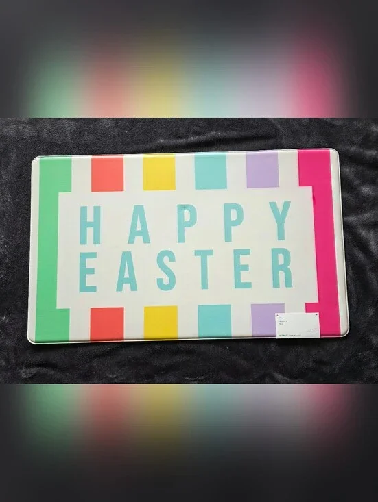 New Happy Easter Striped Kitchen Mat, 18x30, white, pink, lilac, teal, yellow