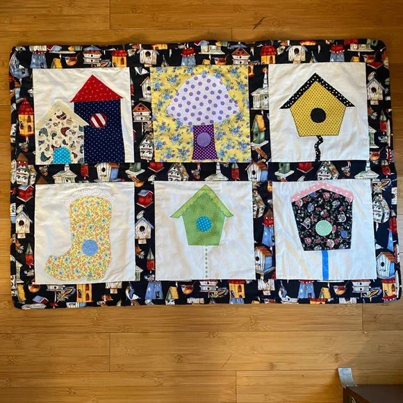 Birdhouses applique quilt wall‎ art embroidered polka dot floral 37x25