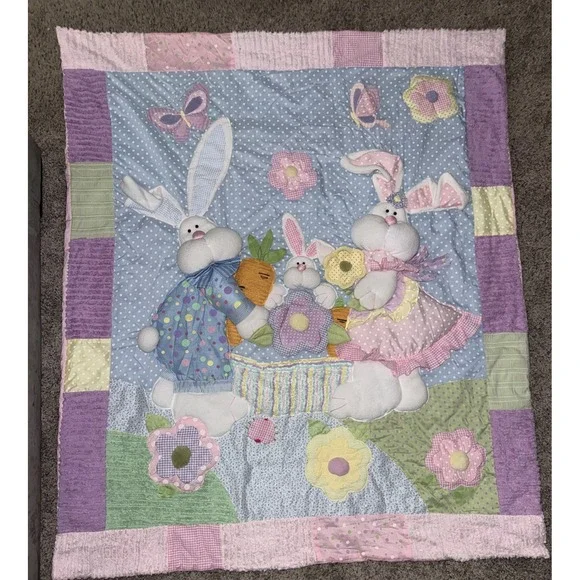 Vintage‎ Baby Bunny Patchwork Quilt 3D Appliqué Pastel Nursery Quilt 58x50