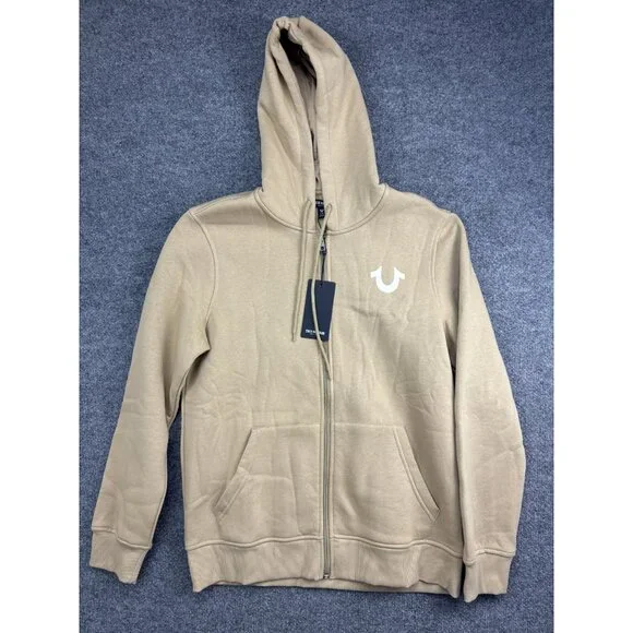 True Religion Hoodie Mens Large‎ Beige Full Zip Fleece Sweatshirt Logo Back