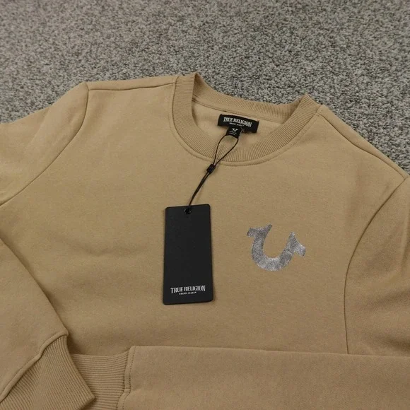 NEW True Religion Sweatshirt Mens S Beige Buddha‎ Logo Pullover Crewneck Sweater