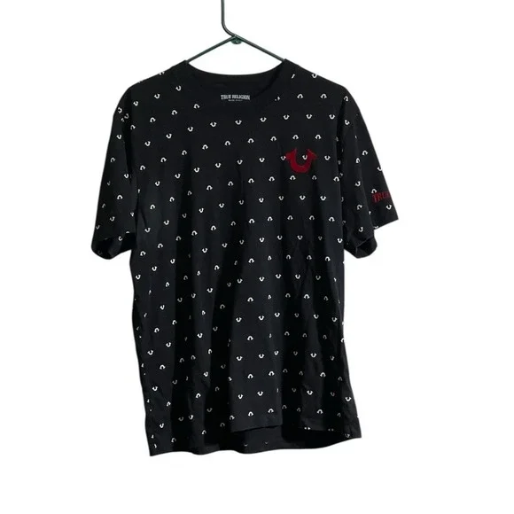 True Religion T-Shirt Men XL Black Horseshoe Logo All Over Print