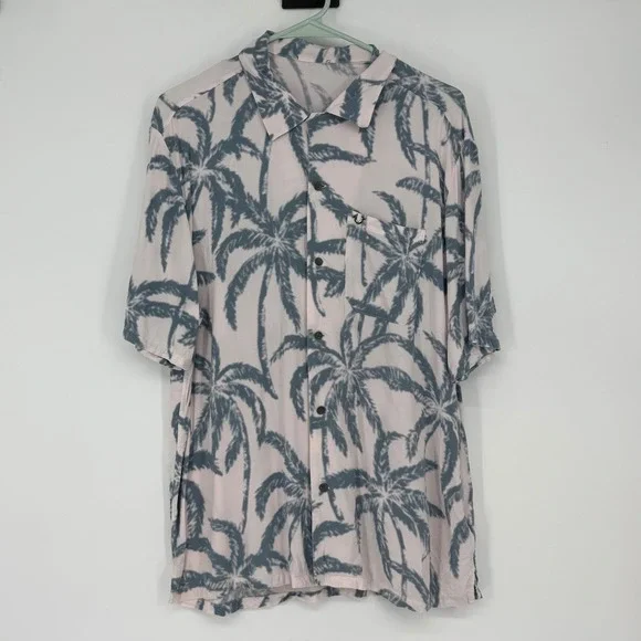 True Religion Mens Palm Tree Print Camp Collar Short Sleeve Shirt White Blue