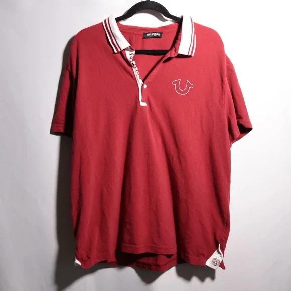 True Religion Red Gusset Polo Shirt Mens‎ Horseshoe Logo 2XL Cotton Prep Y2K