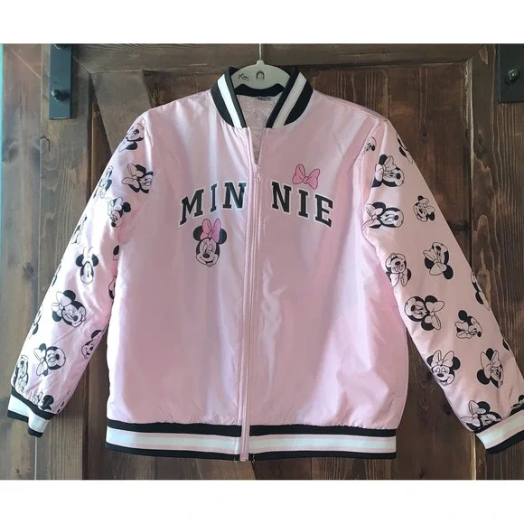 Disney Minnie Mouse Youth 14-16 Pink Satin Bomber Jacket Zip‎ Up Quilted Inside