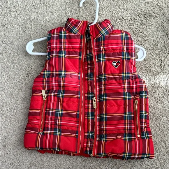Tommy Red Plaid Puffer Vest with Heart Detail
