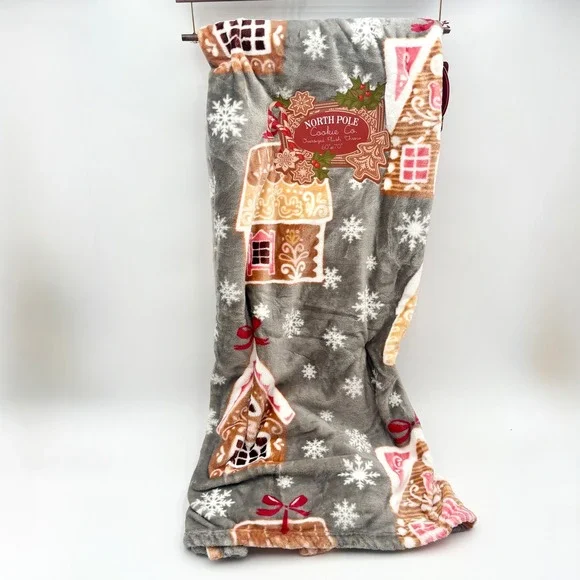 North Pole Cookie Co. Plush Throw Blanket‎ 60x70 Grey Gingerbread House