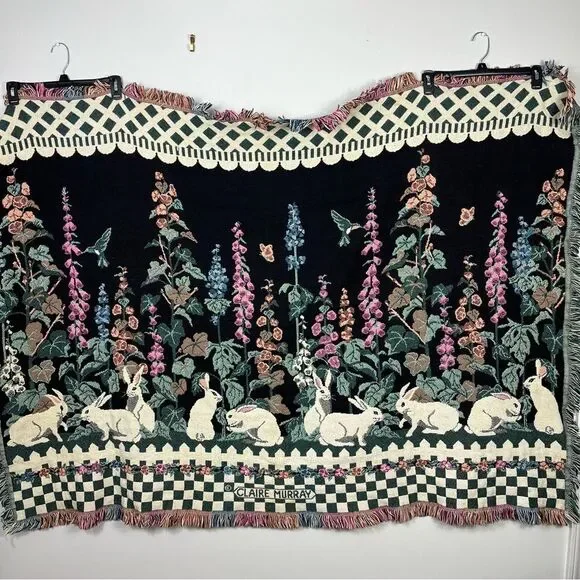 Claire Murray Tapestry Blanket Throw Easter Rabbit Cottage 46 x 63 Vintage